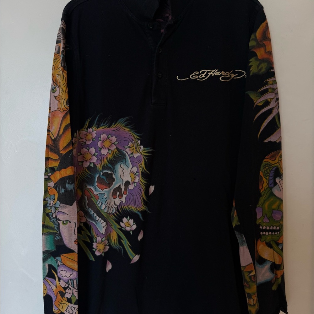 Ed Hardy Distressed Long Sleeve Black Polo Shirt All Over Print Men's  Large